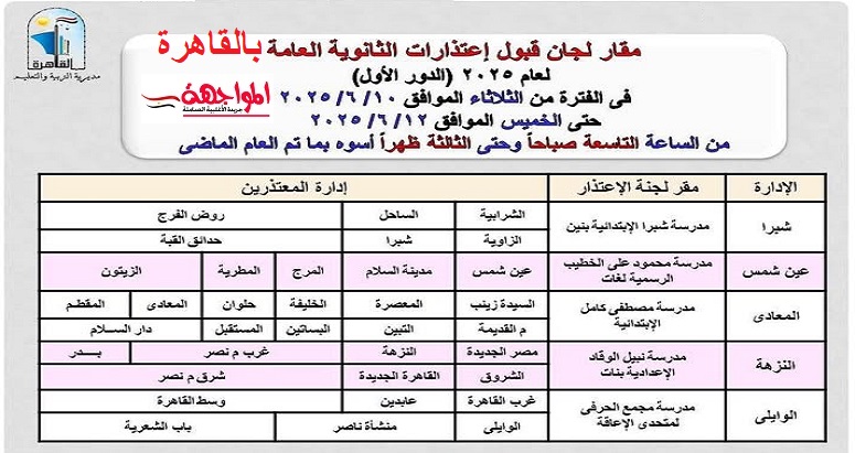 عناوين لجان قبول إعتذارات إمتحانات الثانوية العامة في القاهرة